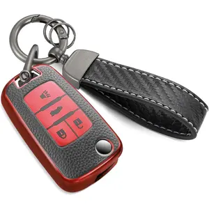 for Chevy Key Fob Cover with Carbon Fiber Style Belt Keychain,Upgraded TPU Surface Grain Key Case for Cruze Equinox Malibu Sonic Trax Impala Cruze (4 Buttons) (Red, A2)