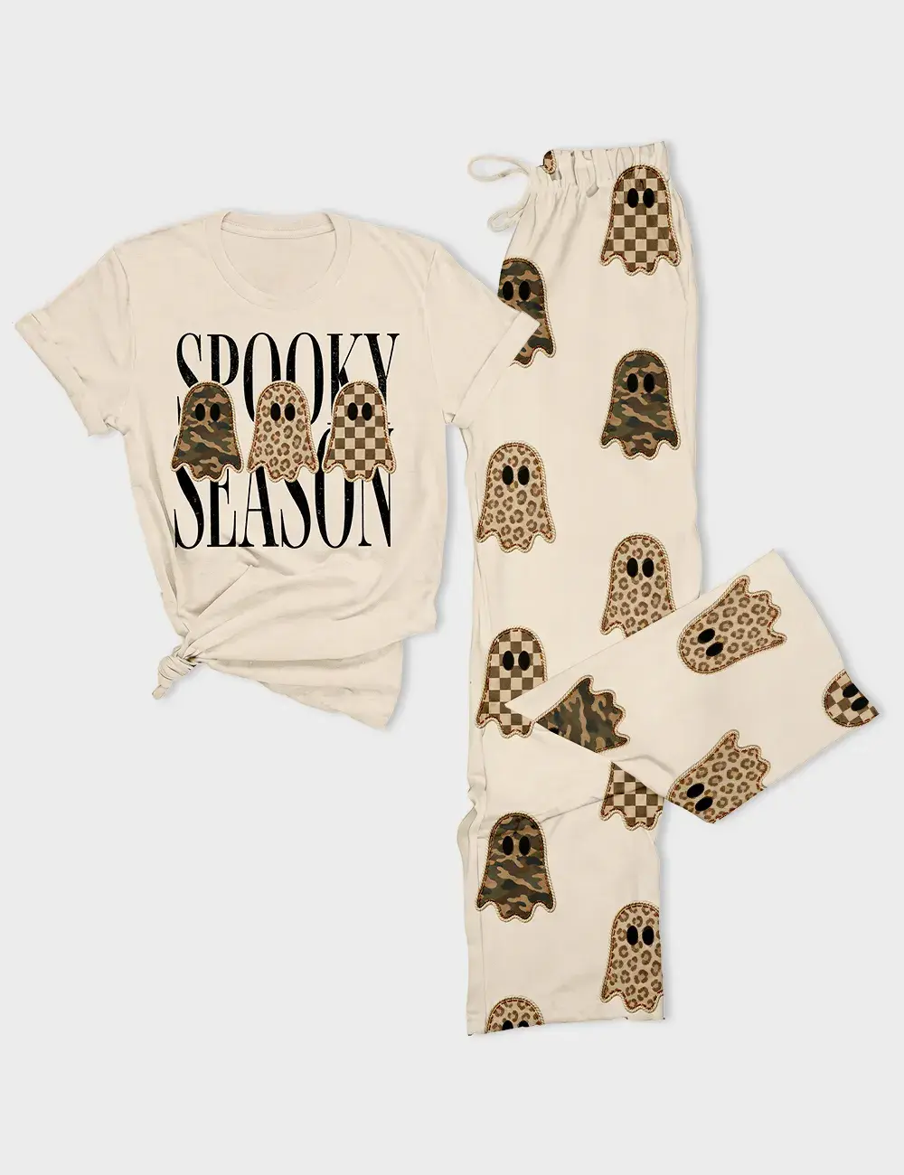 Women's Halloween Ghosts Short Sleeve Cotton T-Shirt Pajama Set, Christmas pajamas Set