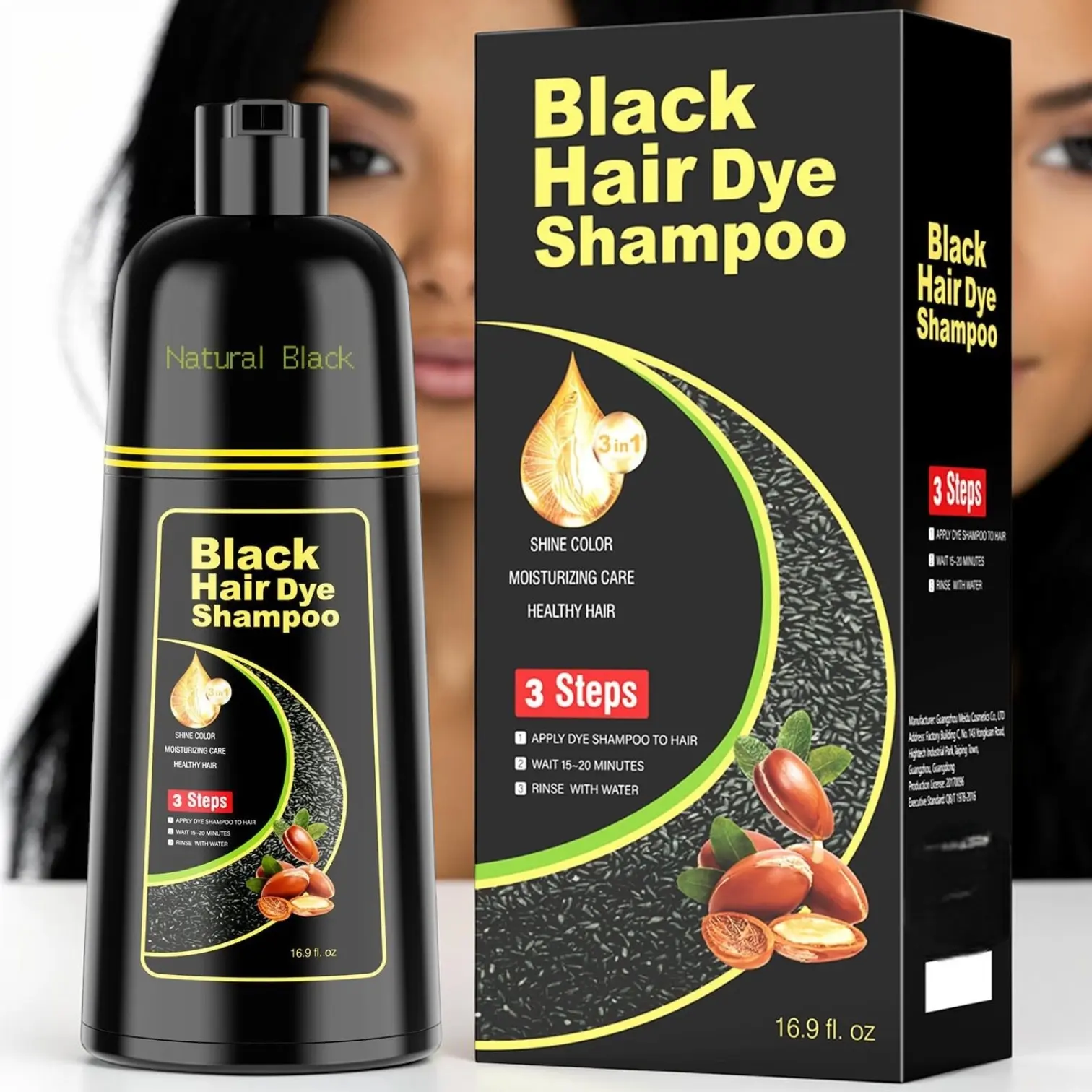 Black Hair Dye Shampoo 3 in 1 Natural Herbal Formula Hair Color Shampoo Covers Gray Hair for Women and Men (16.9 fl.oz Black)