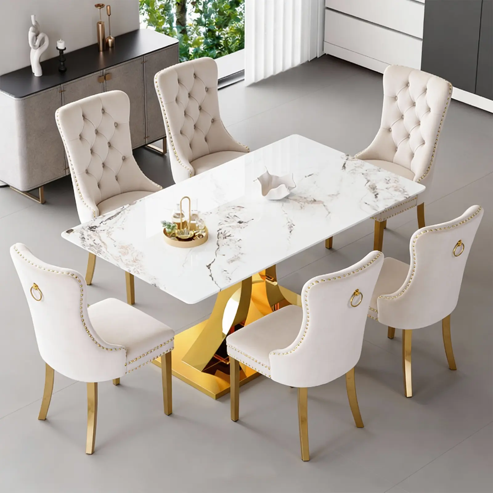 Dining Table Set for 6,Kitchen Table Chairs Set of 6,Modern Rectangular Dining Room Set 63" White Tempered Glass Top with Adjustable Stainless Steel Base,Velvet Upholstered Chairs,Golden Stainless Steel Plating Legs,Suitable for Dining Room,Office,Kitchen Dining Table Set for 6,Kitchen Table Chairs Set of 6,Modern Rectangular Dining Room Set 63" White Tempered Glass Top with Adjustable Stainless Steel Base,Velvet Upholstered Chairs,Golden Stainless Steel Plating Legs,Suitable for Dining Room,Office,Kitchen