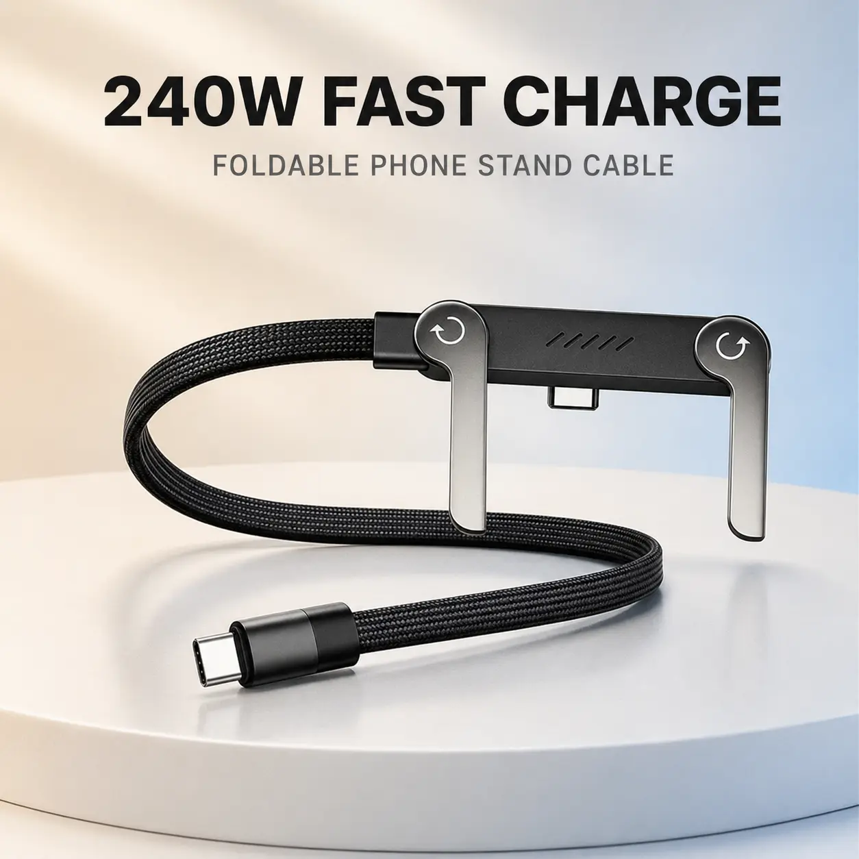 240W USB-C to USB-C Cable with Foldable Phone Stand, 1.5m Braided Fast Charging Data Cable