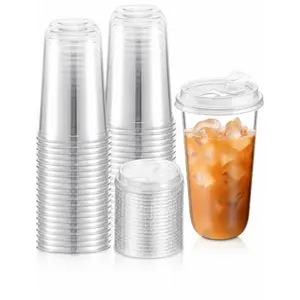 15OZ PET Disposable Cups with Drink Through Lid – Non Leaking & High Temperature Resistant – For Coffee Shop, Cold Drink & Bubble Tea Store Use – Food Grade & Sturdy