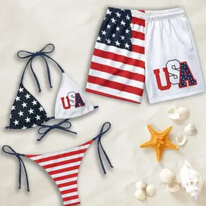 USA Flag Couple Matching Swimsuit Set - Patriotic 4th of July Bikini & Shorts