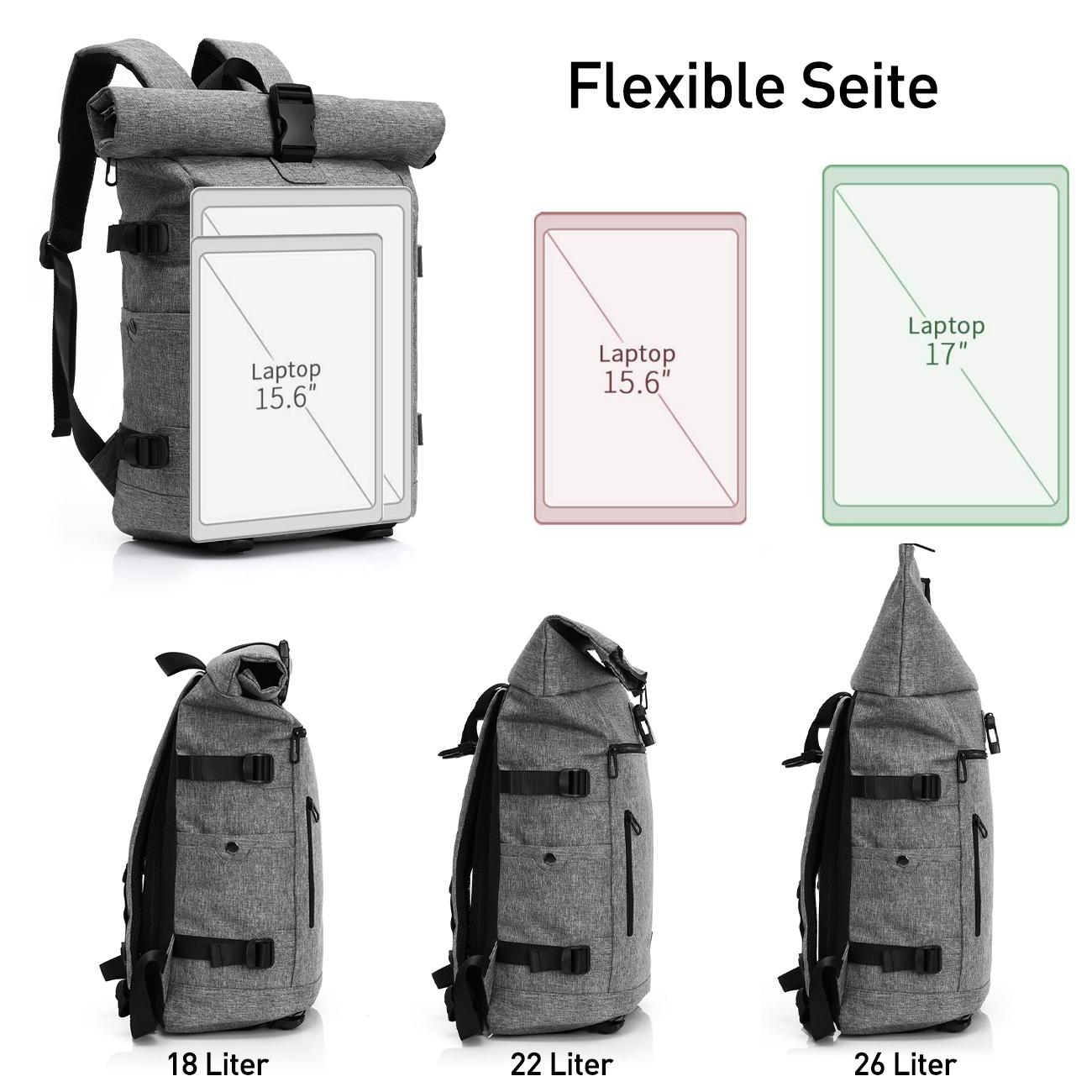 YAMTION Expandable Roll Top Backpack Roll Top Waterproof Laptop Backpack with USB Port | Expandable 18-26L Travel Rucksack for 17 Inch Laptop
