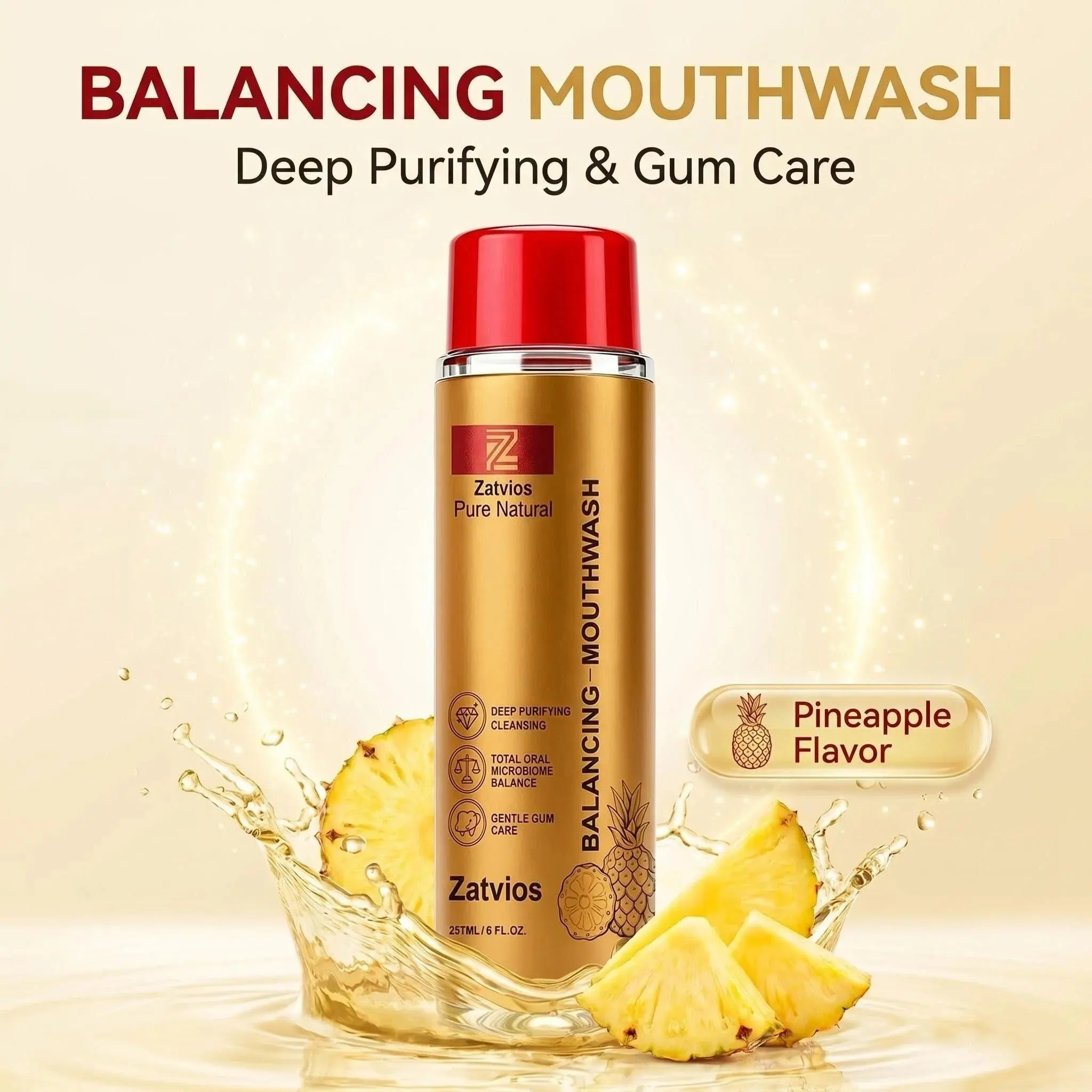 Zatvios Balancing Mouthwash - 237ml Deep Purifying Cleanser, Propolis-Infused Bad Breath Mouthwash, Gentle Gum Care, Oral Microbiome Balance, Pineapple Flavored Daily Whitening Cleansing Mouthwash