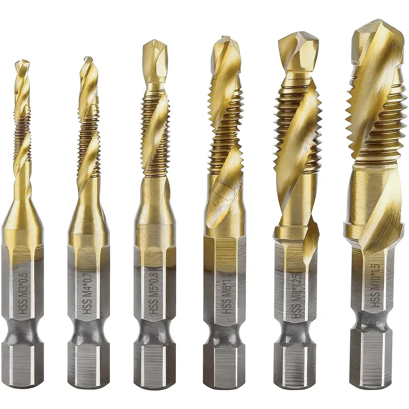 6 Pcs Titanium-Plated HSS Combination Taps Drill Bit Set, Metric M3-M10 Hex Shank Power Tool Accessory, Countersink-In-1, Quick-Change Cone, Thin Board-Friendly for Plastic & Wood Drilling Screw Thread Bits