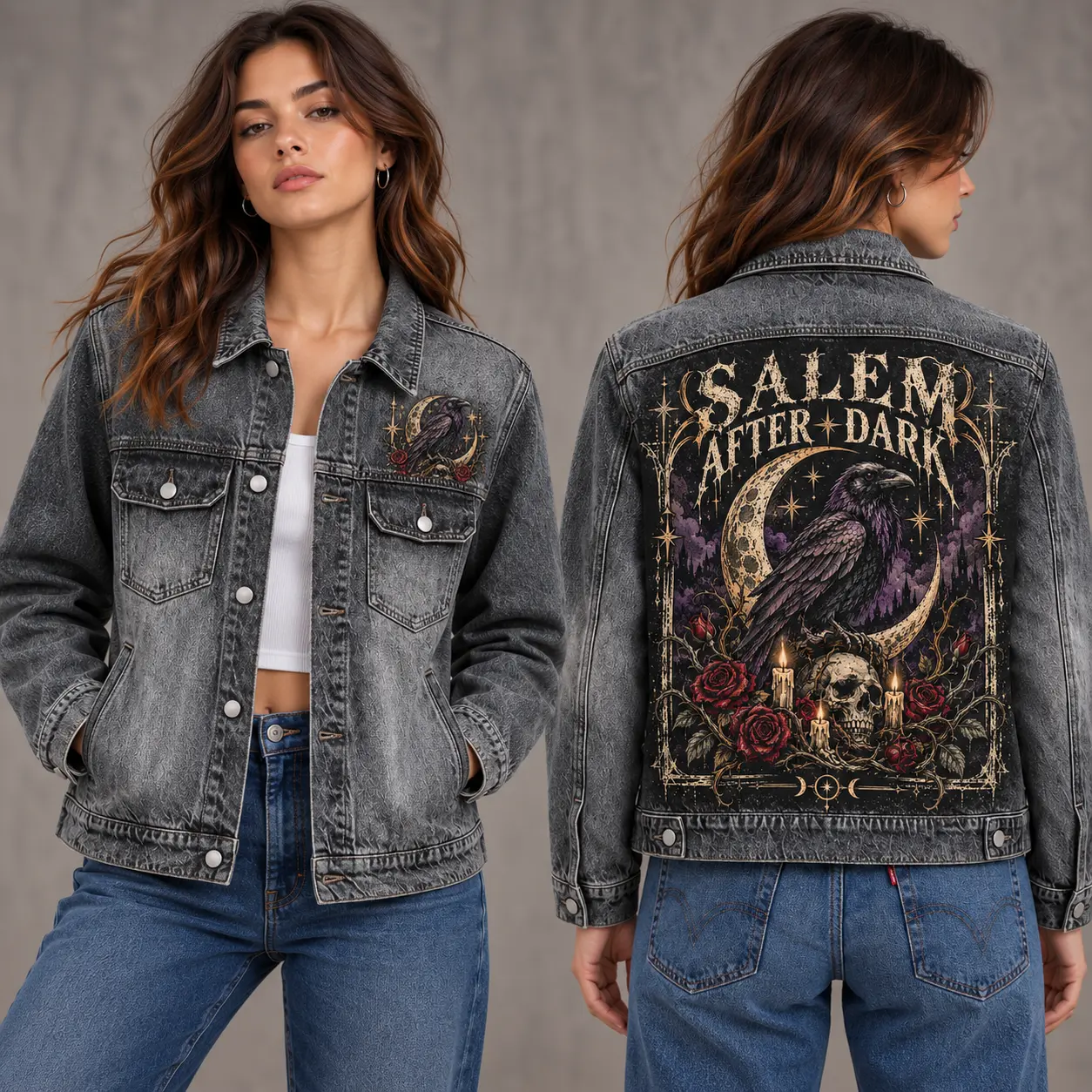 Custom Salem Witch Denim Jacket, Gothic Raven Skull Rose Printed Washed Jean Jacket With Front and Back Print, Women's