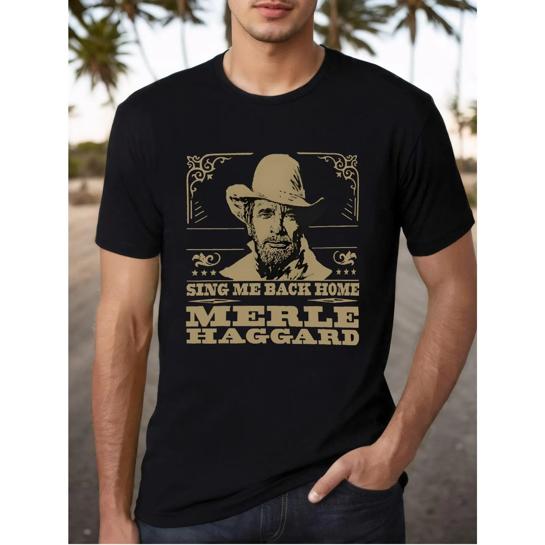 Men'S Merle Haggard Graphic T-Shirt - Black Cotton Crew Neck Short Sleeve Top with "Sing Me Back Home" Design, Casual Loose Fit for All Seasons