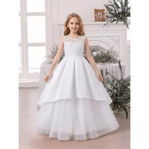Girl's White Double-Layer Fluffy Long Lace Trim Sleeveless Princess Dress for Flower Girl/Piano Performance/Birthday Party Dress