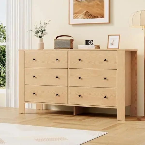 Garvee Natural Oak 6 Drawer Dresser for Bedroom, Modern Wide Dresser Organizer with Storage Drawers, Wooden Chests of Drawers for Bedroom, Entryway, Hallway, Home Office