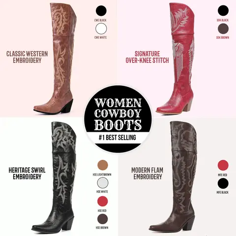 CELNEPHO Cowboy Boots for Women Over the Knee Western Boot Pointed Toe Classic Embroidered Chunky Block Heels Side Zipper Closure Comfy Easy Pull on Party Gifts Work Casual Riding Concert Festival Fall Fashion Vintage Retro Long Tall Cowgirl Dressy Shoes