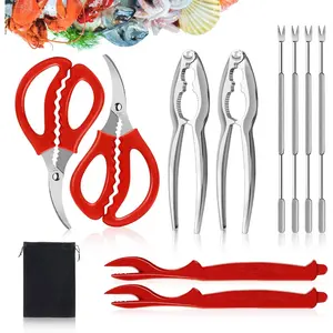 10 Pcs Seafood Tools Set Includes Crab Lobster Crackers, Stainless Steel Crab Forks/Picks, Lobster Shellers and Seafood Scissors, Nut Cracker Set With Crab Leg Crackers Tool