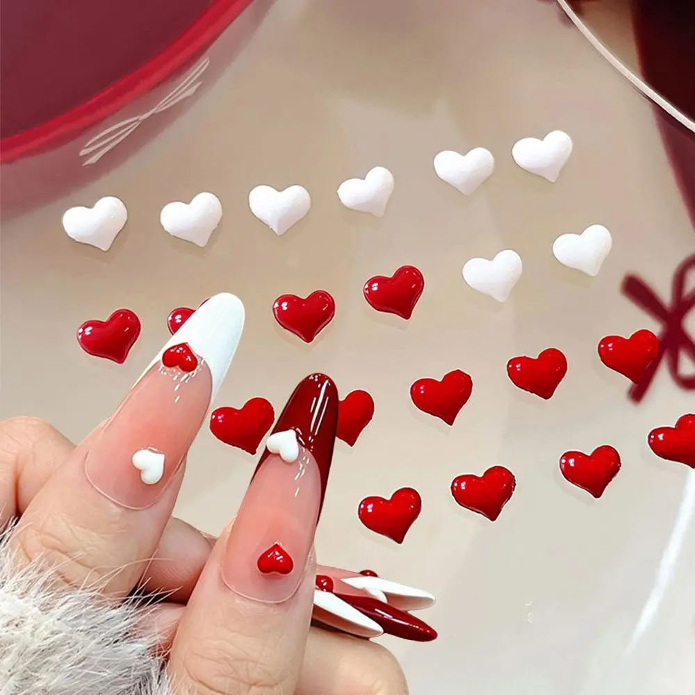 200Pcs 3D Mini Heart Resin Nail Charms White Red Love Heart Flatback Nail Decoration For DIY Sweet Manicure Valentine Nail Decor