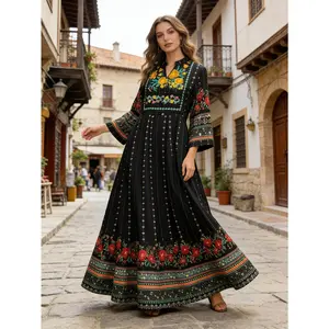 Women's Smooth Bohemian Vintage Embroidered Flowing Soft Fabric 3/4 Sleeve A-Line Dress, Versatile Lightweight Breathable Maxi Dress for Casual Vacation, Slimming Ethnic Style Solid Color Outfit