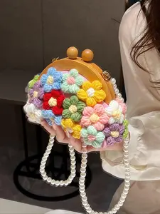 Cute Crochet Flower & Pearl Decor Chain Strap Crossbody Bag, Fashionable Mini Handmade Crossbody Bag with Shells, Casual Trendy Versatile High-quality Daily Commuting Bag