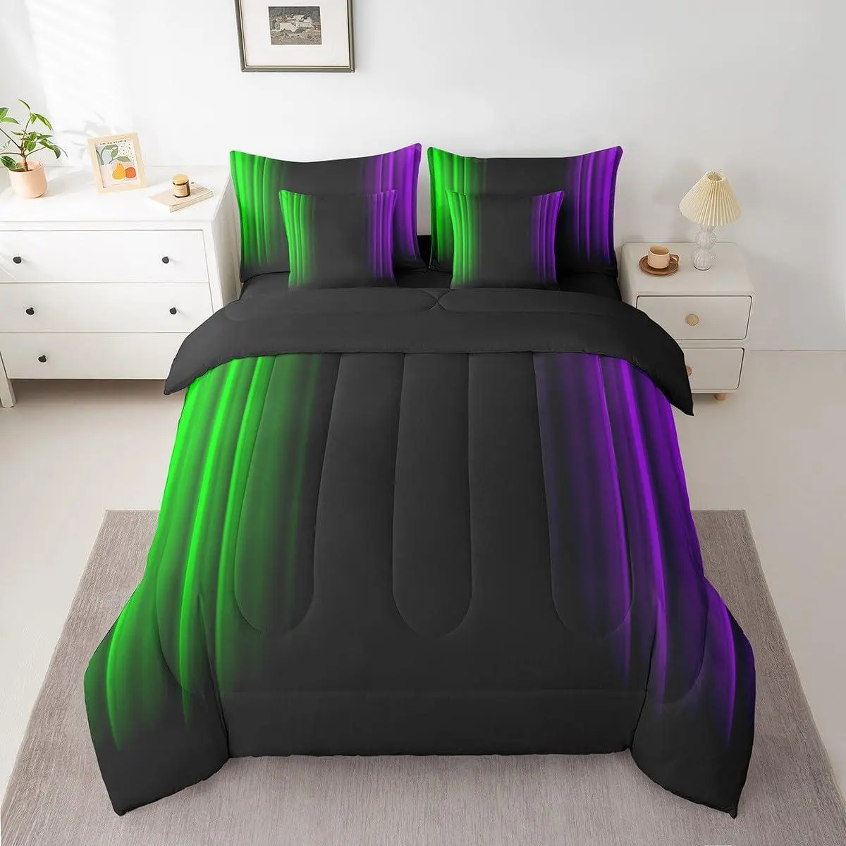 Abstract Ombre Decorations Bed in a Bag Women Green Purple and Black Comforter Set with Sheets Geometric Modern Bed Set Room