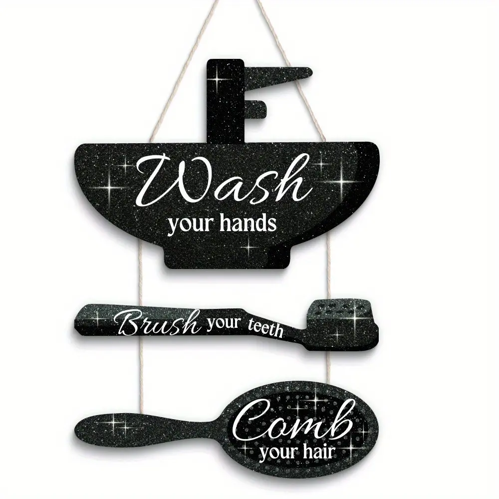 3-Piece Wooden Hanging Sign Set, Bathroom Wall Art Decoration for Toothbrush and Hair Care, Rustic Home Cottage Accessories, Decorative Home Accessory, Hangable Room Decor, Unique Gift Idea