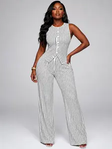 Sculpt Touch Elegant Commute Style Set, Sleeveless Round Neck Buttoned Slim Vest + High Waist Loose Straight Leg Pants, 2 Piece