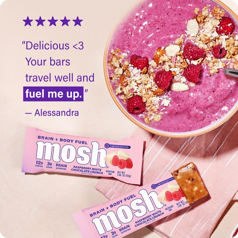 MOSH Raspberry White Chocolate Crunch Protein Bars (Exclusive Limited-Edition) - 12 Bars, High Protein, Lower Sugar, High Fiber, Keto-Friendly, Gluten Free, 6+ Brain Nutrients including Cognizin, Mission Focused and Gives Back