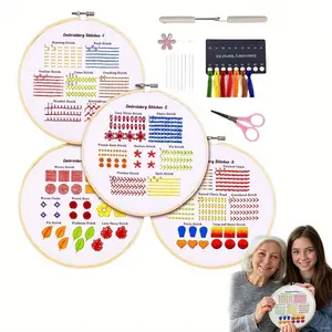 Beginner's set embroidery DIY material package - basic embroidery 4-piece set, 1 hread board+needle+powder scissors+random color  thread remover+flower shaped threading device with a 20cm bamboo embroidery tension