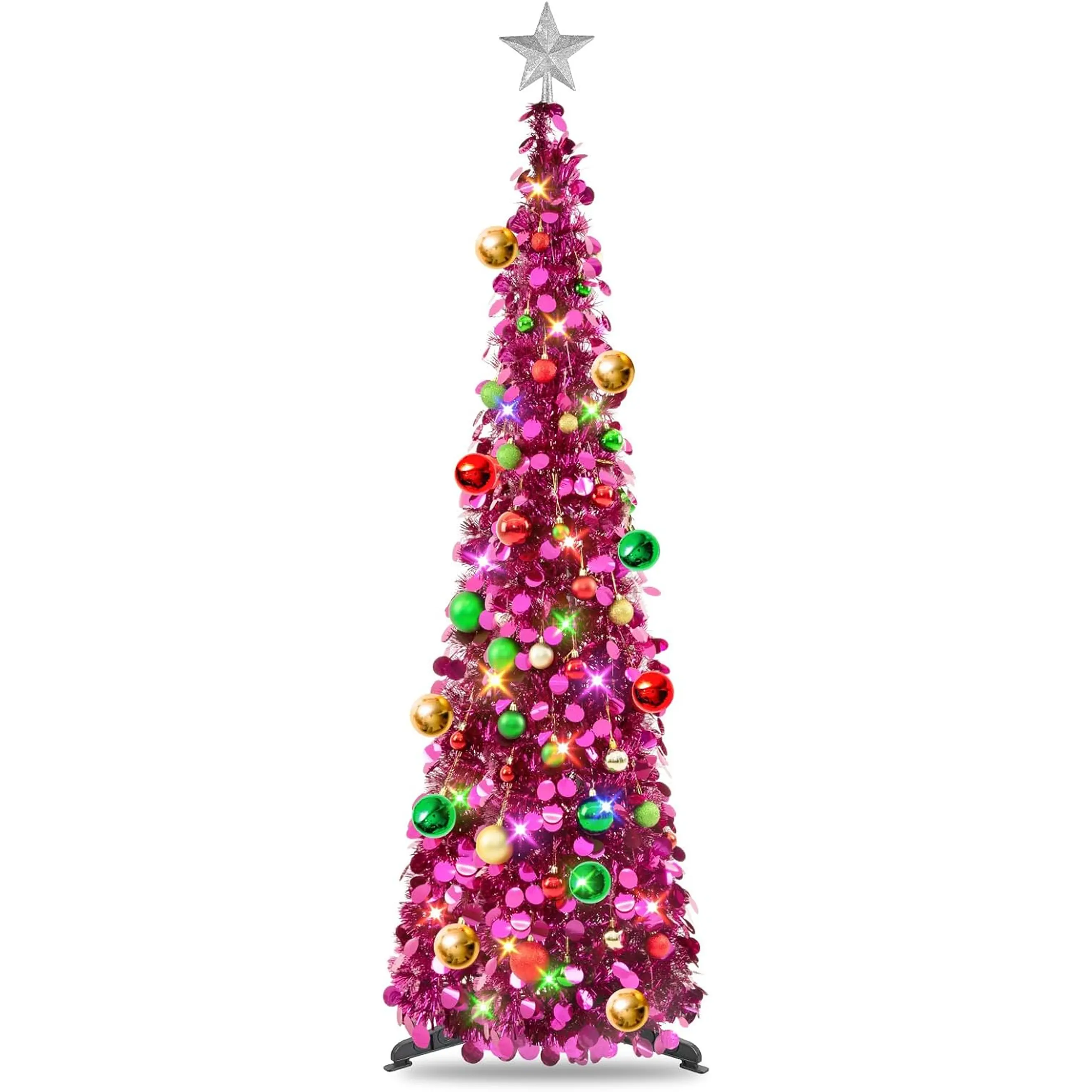 N&T NIETING Pop up Fuchsia Tinsel Christmas Tree with Lights & 30 Balls, 5Ft Collapsible Skinny Tree for Home Office Decor, Fuchsia