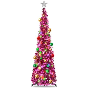 N&T NIETING Pop up Fuchsia Tinsel Christmas Tree with Lights & 30 Balls, 5Ft Collapsible Skinny Tree for Home Office Decor, Fuchsia