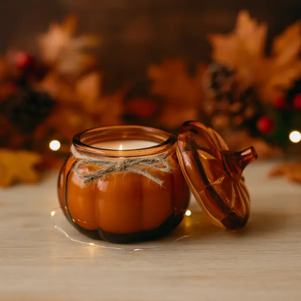 Pumpkin Glass Candle Jar – Fall and Halloween Home Decor – Cozy Autumn Candle Holder for Table, Shelf, or Mantel – Spooky Seasonal Decoration with LED Light, Ghost Candle, Light Up House – Perfect Gift for Fall Lovers, Thanksgiving, Halloween