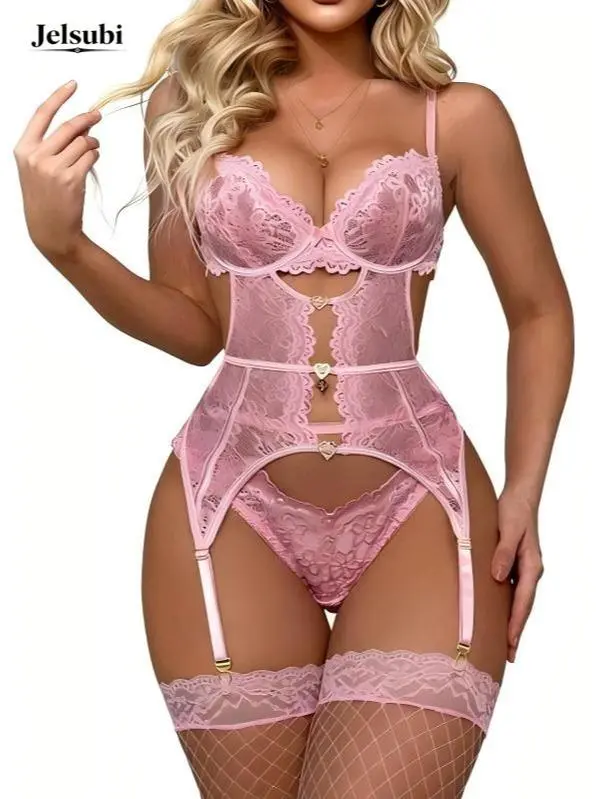 Jelsubi Women's Floral Lace Mesh Lingerie Set Teddy Babydoll Bodysuit with Garter Belts for Valentine's Day Gift Minimalist Basic Nightgown Sleepwear Sheer Fabric Soft Womenswear Elegant Light Pink Lace Underwear