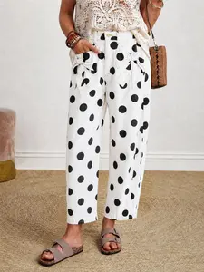 Women's High Waist Polka Dot Print Denim Pants, Bow Pocket Detail, Loose Barrel Leg, Ankle Cropped Length, White & Black Casual Street Jeans Trouser Womenswear