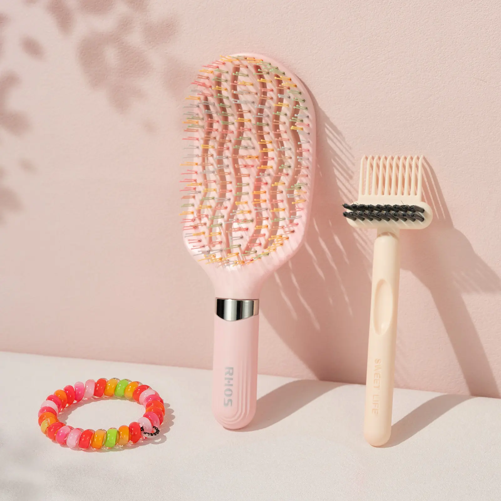 RHOS Colorful Anti-Frizz Hair Brush Set for Women, Static Control Detangling Brush with Cleaner Tool & Spiral Hair Tie, Vented Brush for Smooth Wet & Dry Hair, reduces breakage