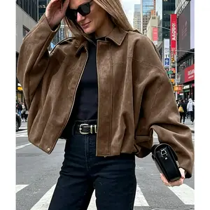 Aviator Jacket Woman,New In Coats And Jackets,Zip Up Jacket Women's Spring Jacket,Suede Jacket,Oversized Pilot Jacket Cropped Fit, Streetwear Pleats Short Jacket Woman, Casual