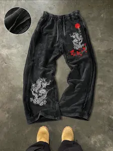 Men's Casual Loose Cotton Sport Pants, Dragon Sun Pattern Print, Drawstring Waist, Long Regular Fit, All Seasons, Street Style, Casual Street Sweatpants
