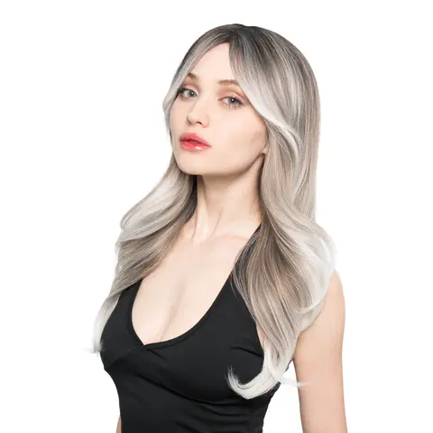 21-Inch Platinum Balayage (Salt & Pepper Scorched Espresso Roots) Layered Butterfly Cut Synthetic Wig | 【Heat Resistant】 【Cap Included】 | #53FSGA