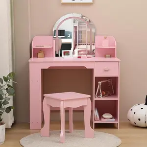 Vanity with Lighted Mirror & Stool, Little Girls Vanity with Adjustable LED Light, Bookshelf, Storage Drawer & Shelves