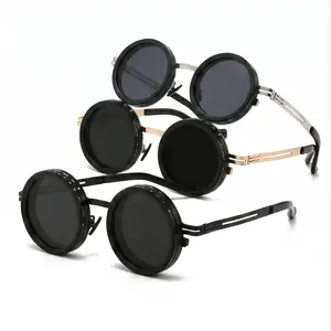 Men's Retro Steampunk Round Sunglasses, 9-Gear Adjustable Tint Polarized UV400 Eyewear, Anti-Glare Dimming Metal Frame Shades for Driving, Fishing