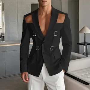 Men's Spring and Autumn Hollow Shoulder Jacket with Buckle, punk avant-garde slim fit single button suit jacket, suitable for fashion parties and fashion shows