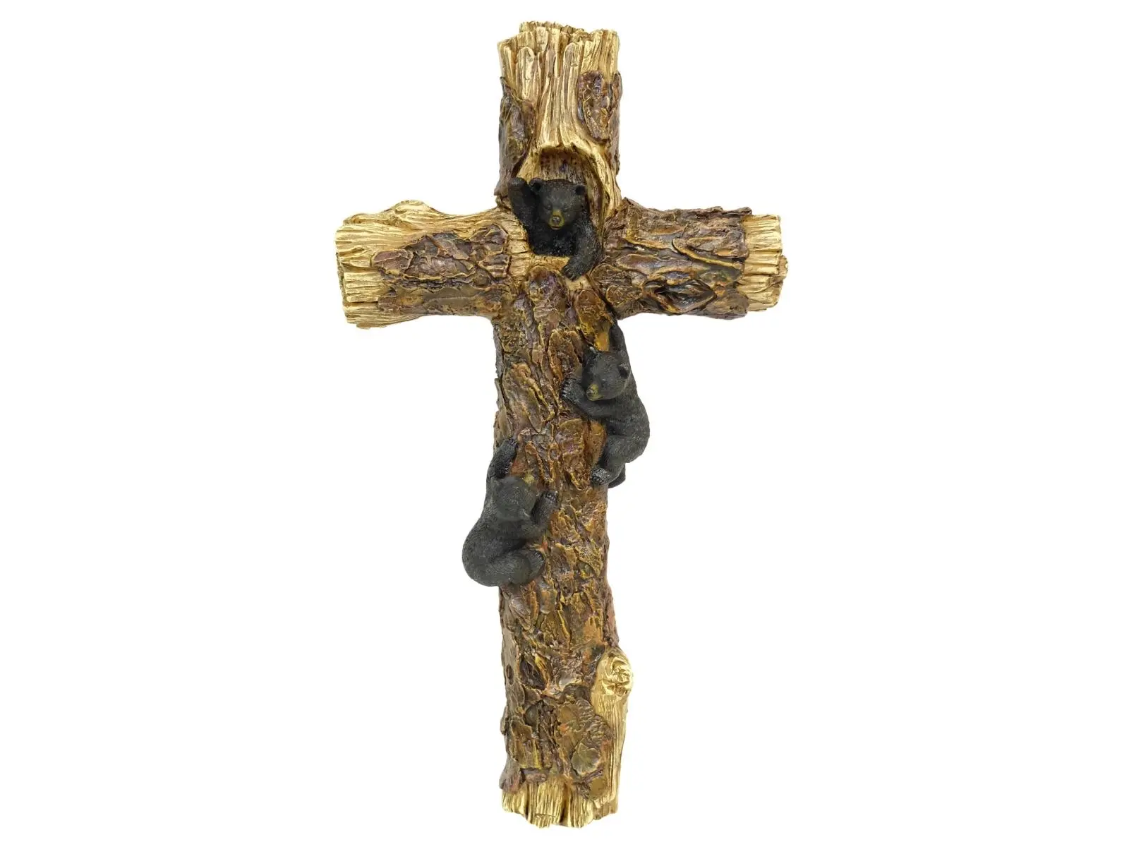 De Leon Collections 13642 Resin 3 Black Bear Cubs Climbing Wood Wall Cross Dcor