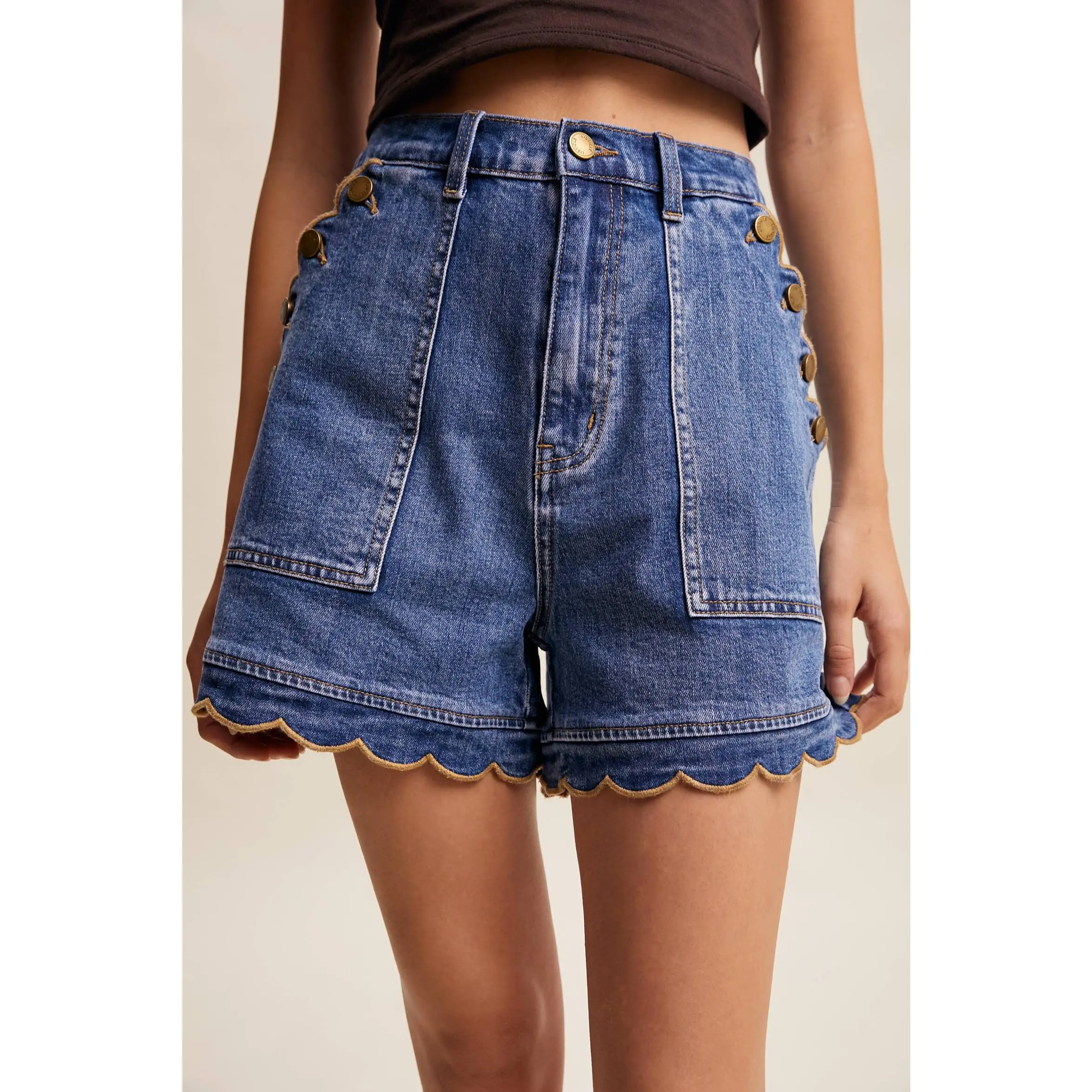 Scallop Button-Side Stretch Denim Shorts
