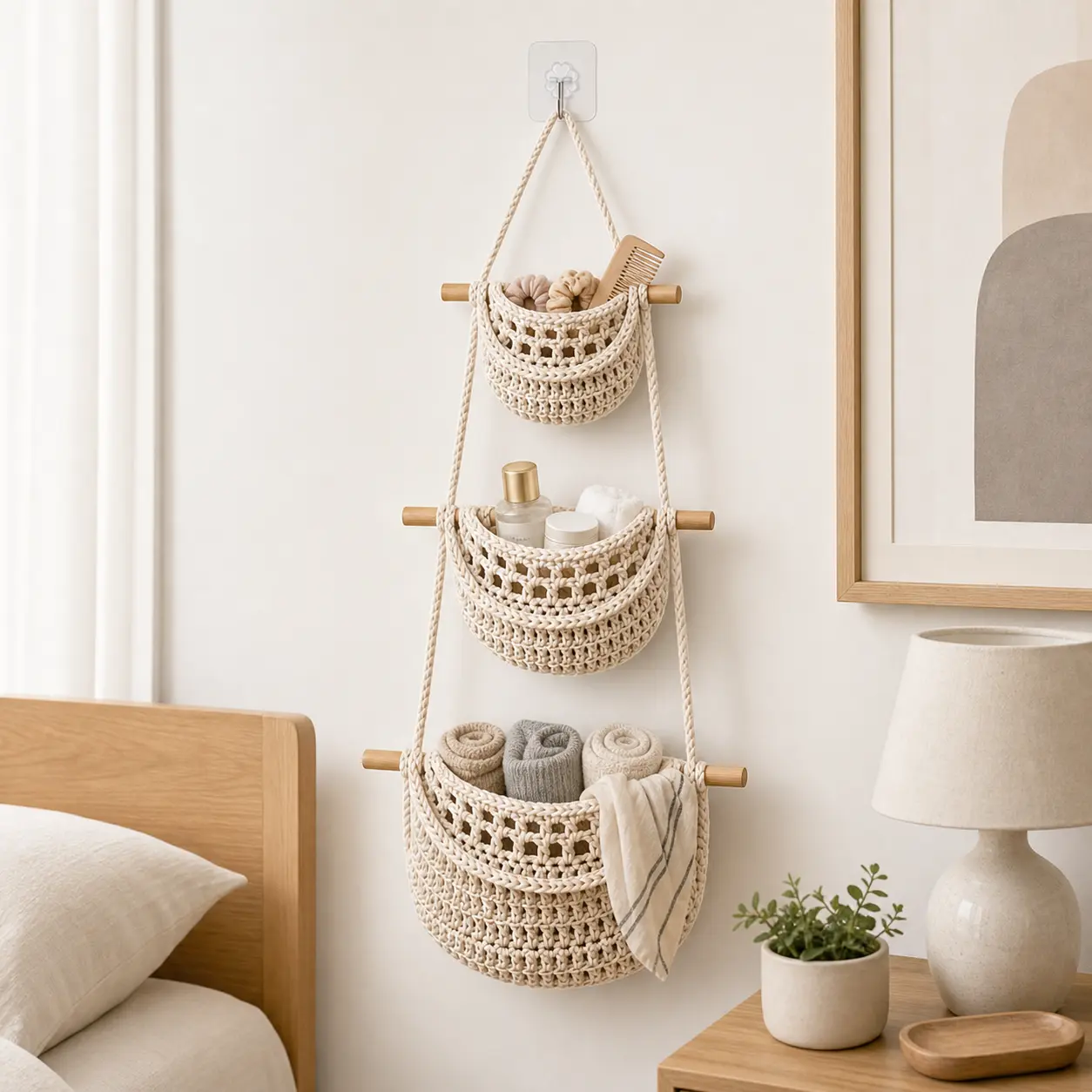 Tiered Handwoven Cotton Cord 3-Tier Over-the-Door Basket - Wall-Mounted Jute Home Storage Organizer with Gift Hook, Scandi Look Open Storage Nursery Item for Busy Parents to Store Diapers, Toys, Nursery Items