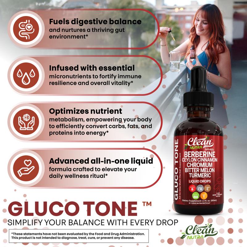 Clean Nutra BOGO Organic Ceylon Cinnamon, Berberine, Bitter Melon, Glucomannan, Chromium, Turmeric, Organic Panax Ginseng, for Clean Fitness and Blood Sugar Supplement Liquid Drops – Gluco Tone