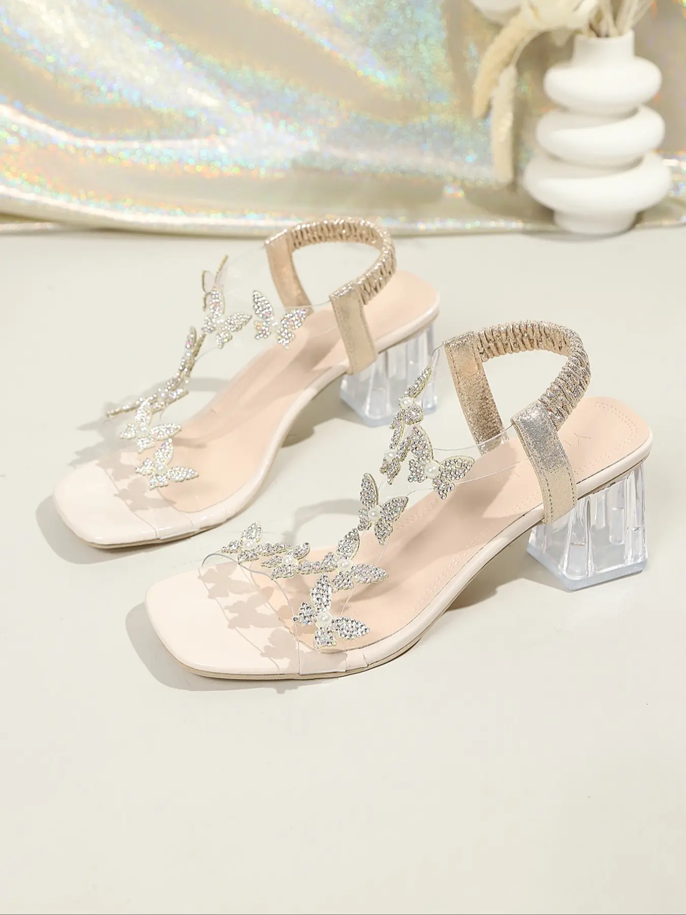 Women's Transparent Water Drill Butterfly Sandals, Embellished Sandals, Crystal Chunky Heel Slip-On Shoes, Elegant Party Shoes, Sexy Plain Design, High-End Versatile Footwear, Chunky Heeled Shoe, Glitter Dress Sandals