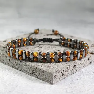 Tiger Eye & Hematite Protection Bracelet Double Braided Beaded Adjustable Men Women Bracelet Natural Crystal Jewelry