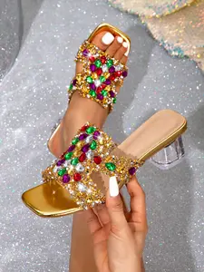 Women's Sequined Rhinestone Glitter Strappy Flat Sandals, New 2026 Sparkling Transparent Chunky Heel Square Toe Gem Open Toe Mules, Summer Comfort Elegant Party Shoes