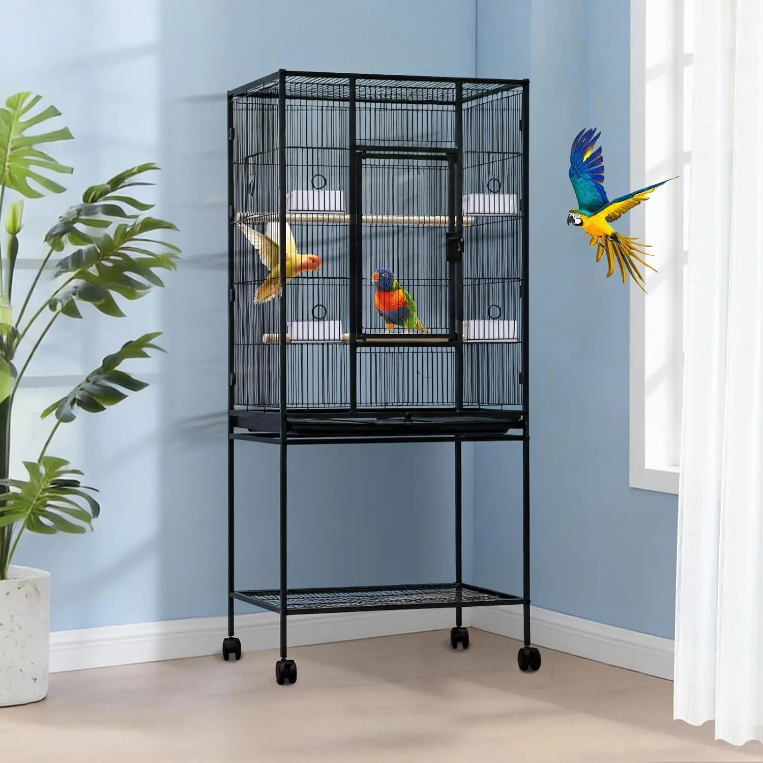 Spacious Flight Bird Cage with Rolling Stand & Storage Shelf - Durable Wrought Iron Parrot Home - Easy Clean, Ideal for Parakeets, Cockatiels, Conures, Lovebirds, Cockatoos