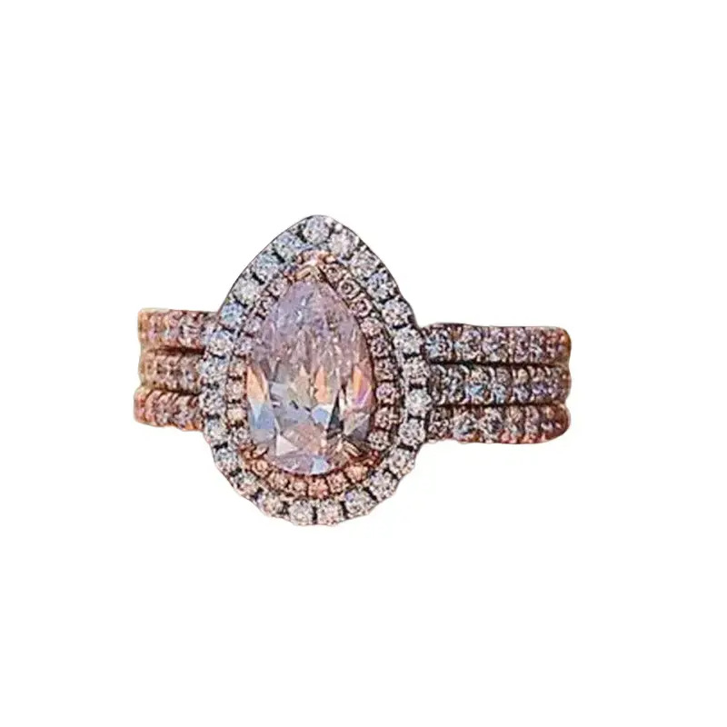 European Style Engagement Ring for Women, Teardrop Pink Gem Crystal with a Creative 3-Layer Inlaid Band, Engagement Rings, Embedded Stones Rings