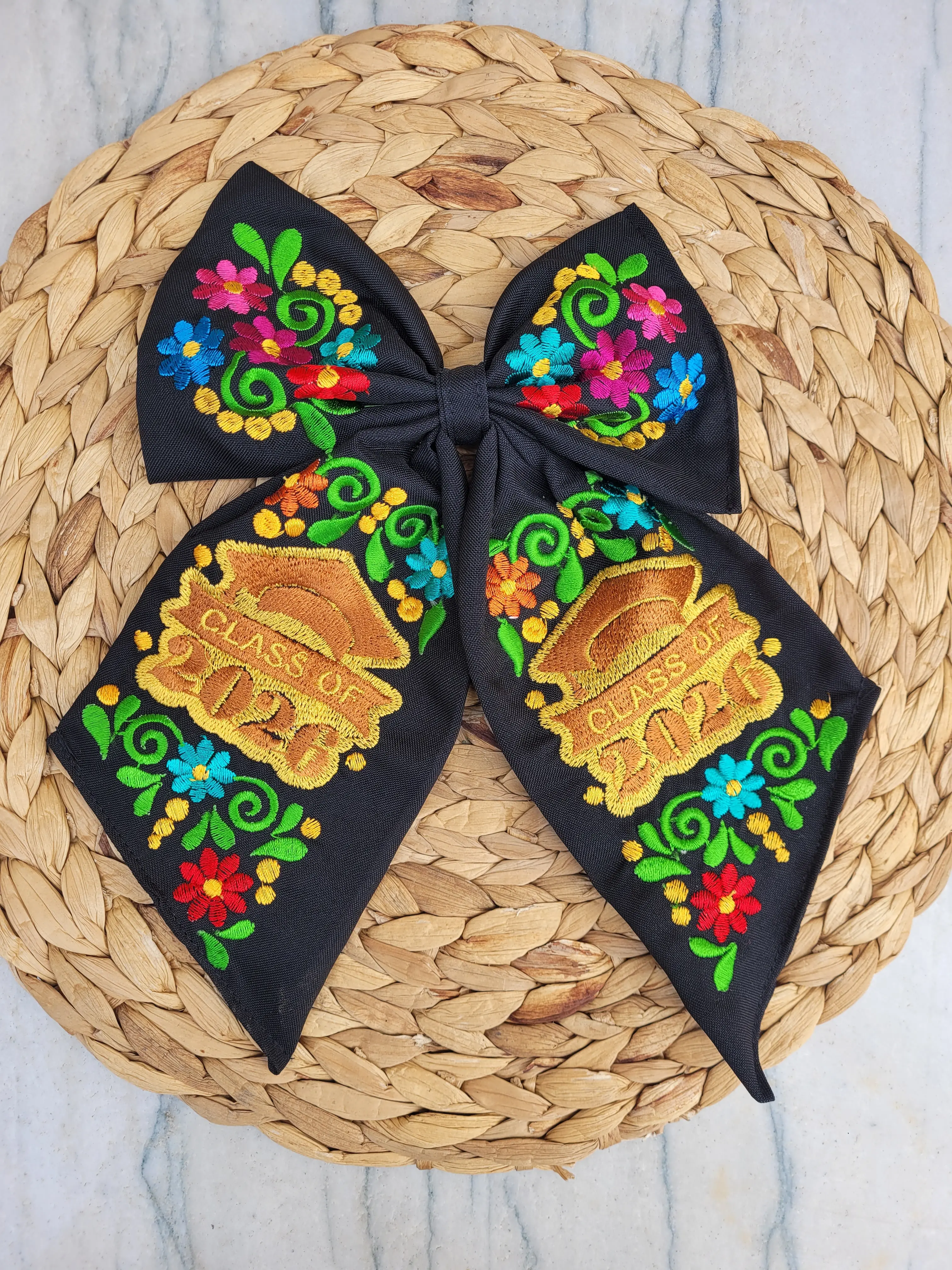 Embroidered Class of 2026 Bow - Floral Design for Graduation Cap & Everyday Wear - Casual Boho Tie