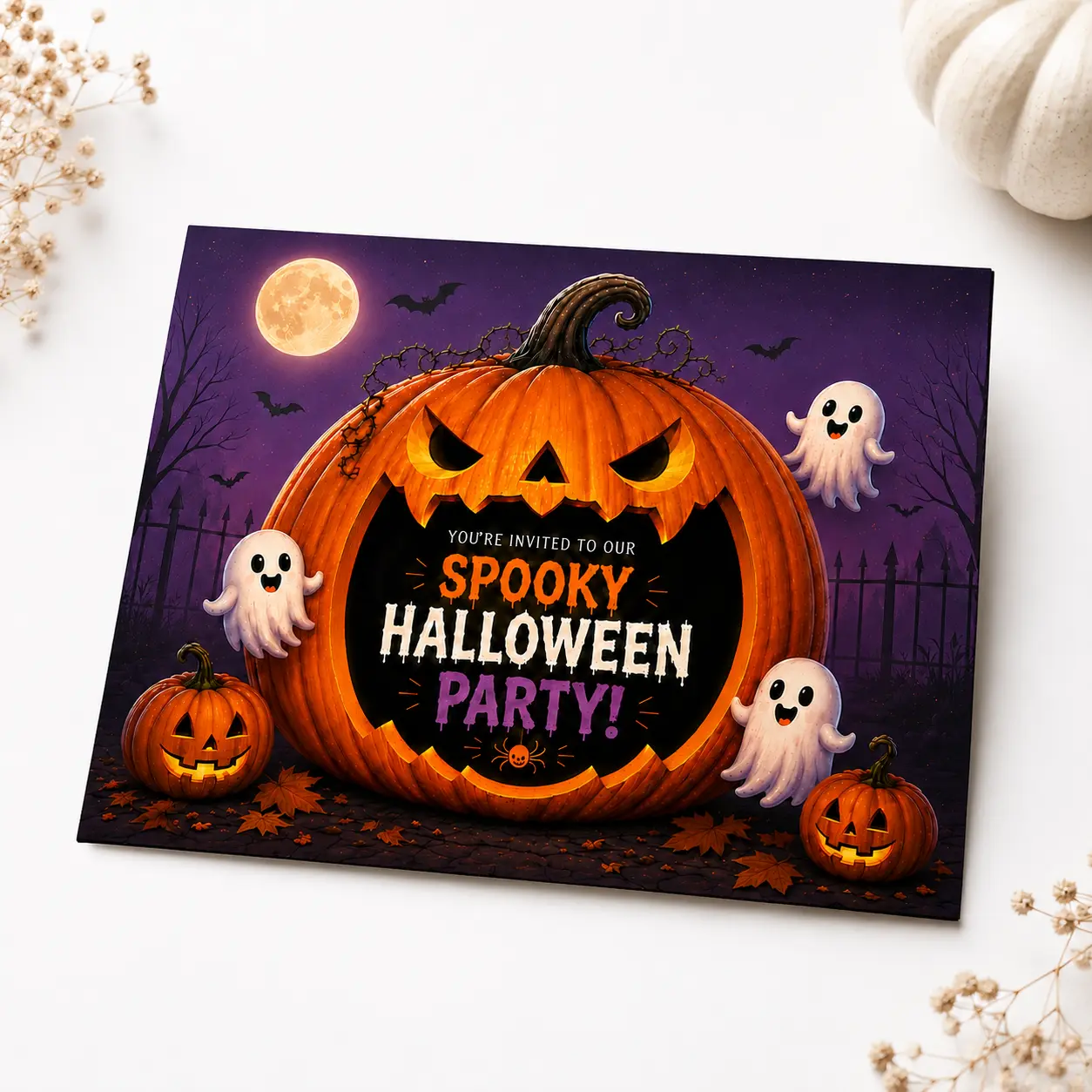 Spooky Halloween Party Invitation Card, 5x7 Inch Folded Office Stationery with Crisp Detail, Vibrant Print Jack-O'-Lantern-Ghost-Moon Design, and Kraft Envelope