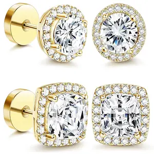 4 Pairs Cubic Zirconia Halo Stud Earrings, Gold & Silver Plated Hypoallergenic Earrings, Round Square CZ Simulated Diamond Pierced Jewelry with Gift Box for Women Men Daily Wear & Gifts