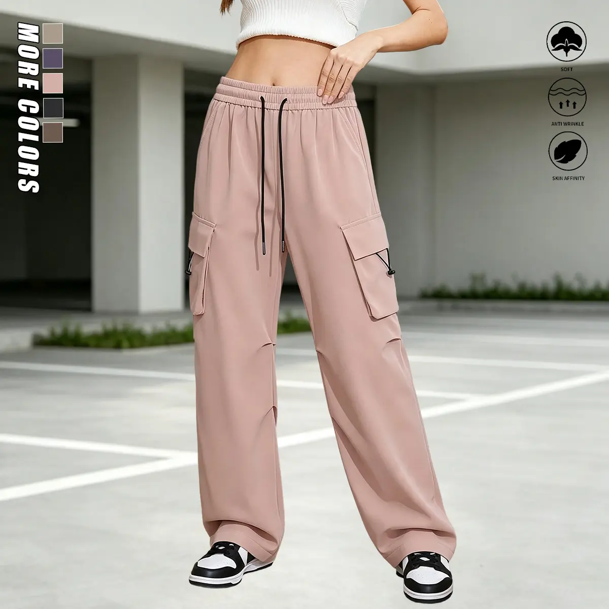 Women’s solid-color casual athletic pants with an elastic waistband and drawstring, large-capacity side pockets for convenient storage, suitable for everyday wear and leisure activities; women’s bottoms, women’s style, spring/autumn apparel.