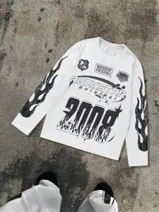 Men's Long Sleeve T-Shirt with Flame Number, Slogan and Graphic Print, Casual Fitted H-Type Tee for Spring & Fall, Versatile Bottom Layer